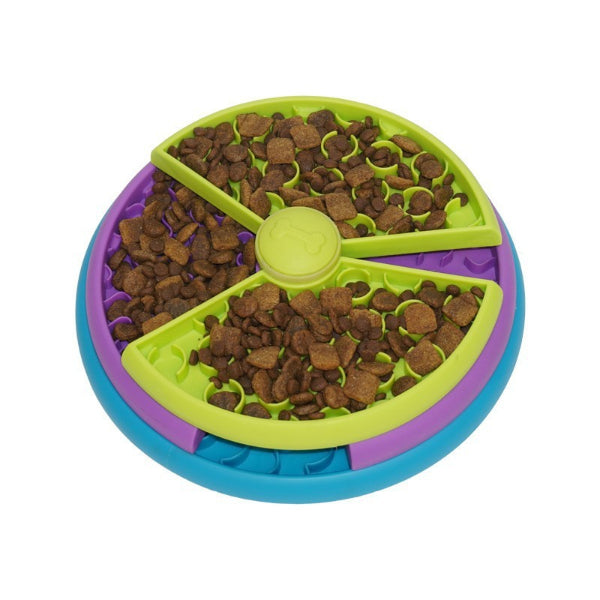 rotating slow feeder bowl with dog food
