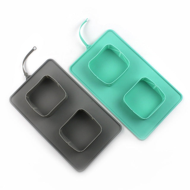 foldable pet bowls - gray and turquoise - top view